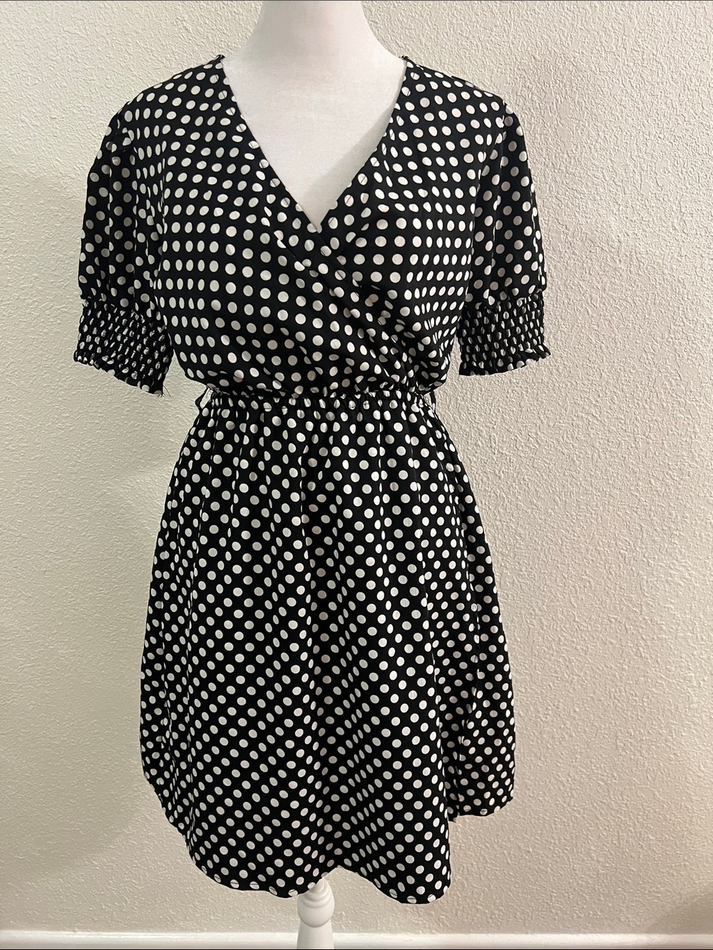 Black & White Polka Dot Short Sleeve Wrap Dress